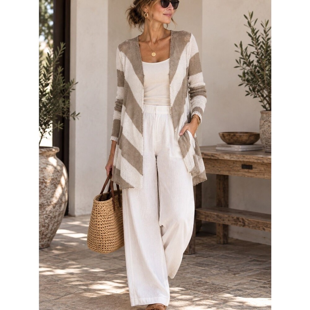 360 SWEATER Women’s M 100% Linen Chevron Striped Cardigan Layering resort wear